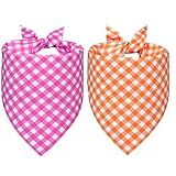 WoffBow Plaid Dog Bandanas for Medium Large Dogs, 2 Pack Reversible 4 Patterns - Pink & Orange Gingham Scarf, Spring Pet Bib Accessories for Boy Girl Pups (14-18" Neck)