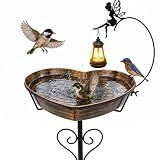 Solar Metal Heart Bird Bath for Outside, 48"H 14"Dia Removable Bowl,3.5 D