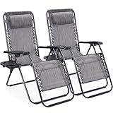 Sweetcrispy Zero Gravity Chairs, Set of 2 Portable Recliner Beach Camping Patio Outdoor Folding Lounge Chair with Cup Holder Trays and Adjustable Pillow for Poolside, Garden, Backyard, Lawn (Grey)