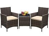 Greesum 3 Pieces Patio Furniture Sets Outdoor PE Rattan Wicker Chairs with Soft Cushion and Glass Coffee Table for Garden Backyard Porch Poolside, Brown and Beige