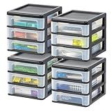IRIS USA Plastic Stacking Desk Top 3-Drawer Storage Organizer, 4-Pack, for Makeup Vanity Nail Polish Bathroom Stationery Art Craft Supplies Kitchen Office Garage and Small Organization, Small, Black