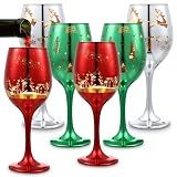 Widecook 6 Pcs Christmas Stemmed Wine Glasses 11 oz Holiday Red Green Silver Etched Glassware Christmas Tree Wine Goblets Festive Glass Drinkware Cups Gift for Xmas Winter New Years Eve Party