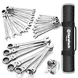 DURATECH Flex Head Ratcheting Wrench Set, Combination Wrench Set, 22-piece, Metric & SAE, 1/4" to 3/4" & 6-18mm, CR-V Steel, Mirror Polished, with Pouch