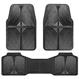 CAR PASS Rubber Floor Mats, All Weather Waterproof Trim-to-Fit Automotive Mats for Cars Trucks SUV, Anti-Slip Easy Clean, Heavy Duty Full Set 3-Piece, All Black