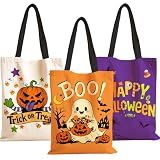 TYL&TYS Halloween Treat Bags, 3Pcs Trick or Treating Bags, Halloween Candy Canvas Tote Gift Bag, Reusable Grocery Boo Basket for Kids