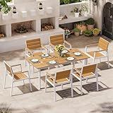 Oasbira Outdoor Dining Set for 6, Patio Table and Chairs Set with Umbrella Hole, 7 Pieces HDPS + Aluminum Outdoor Furniture Sets for Patio, Garden (White & Teak)
