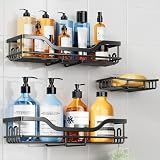 OMAIRA 3-Pack Shower Caddy with Soap Holder, Adhesive Rustproof No-drill Strudy Loading Inside Shower Organizer Shelves Rack Storage Bathroom Organization for Smooth Wall Glass Tile, Black (Large)