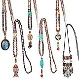 Huquary 6 Pcs Boho Long Necklaces for Women Vintage Wooden Necklace Handmade Retro Nepal Boho Jewelry Gifts (Novel Style)