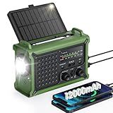 Emergency Weather Radio with Large Solar Panel, Efficient Hand Crank & Real 12000mAh Battery | AM/FM/NOAA Bands, LED Flashlight, Reading Lamp, SOS Alarm & Phone Charger for Camping & Emergencies