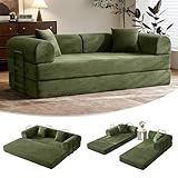 79" Convertible Sofa Bed with Fixed-Shape Frame & Removable Armrests, Modular Corduroy Sleeper Sofa, Folding Mattress Couch for Small Spaces - No Assembly Needed in Green (Includes 2 Pillows)