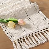 Socomi Boho Table Runner Summer Farmhouse Rustic Dining Kitchen Centerpiece Decor Small Macrame Woven Cotton Linen Coffee Table Runner for Dresser Scarf Home Decor 12x36 inch Beige
