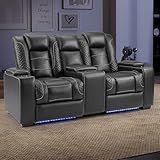 EBELLO Power Loveseat Recliner Sofa, Faux Leather Home Theater Seating with Center Console, Reclining Loveseat Couch Furniture with LED Light, USB Ports & Cup Holders for Living Room, Black