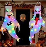 Halloween Decorations Outdoor Indoor, 2 Pack Light Up Ghost Decorations with LED Lights, Hanging Ghost Halloween Decor for Yard Porch Garden Lawn Party (1A-2Pack)