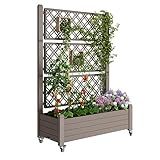 Fancyango Raised Garden Bed with Trellis and Wheels, Resin Planter Box with Trellis with Drainage Holes & Water Monitor, Privacy Planters for Patio for Climbing Plants, Gray (61.2" H)