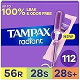Tampax Radiant Tampons Multipack, with LeakGuard Braid, Regular/Super/Super Plus Absorbency, Unscented, 112 Count (Packaging May Vary)