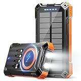 Solar Power Bank 49800mAh Wireless Portable Charger with USB-C 15W Fast Charging with 4 Built-in Cables LED Flashlight Battery Pack Compatible with iPhone, iPad, Galaxy, Perfect for Camping, Hiking