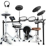 Fesley Electric Drum Set with Independent Hi-Hat Snare Drum: Full Size Electronic Drum Set with Mesh Dual Zone Drum Pad, Drum Set with Bluetooth MIDI Function, Throne, Headphones, Sticks, Black