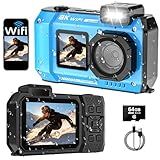 SPUNALP UHD 8K Underwater Camera, 70MP 33FT WiFi Waterproof Digital Camera with 64GB Card, Auto Focus Waterproof Dual-Screen Selfie 2500mAh Battery, 18X Floatable Digital for Snorkeling, Blue