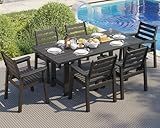 AMERLIFE 7-Piece HDPE Outdoor Dining Table Set with 6 Chairs, 71" L Patio Dining Furniture Set with Umbrella Hole, Modern Dinner Table & Chairs Set for Garden, Backyard, Poolside, Black