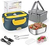 [ 2025 Upgrade]Electric Lunch Box 1.5L Food Heater, Portable 60W Food Warmer for Car and Home, with Detachable 304 Stainless Steel Container Fork and Spoon
