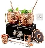 COPPER-BAR Moscow Mule Copper Mugs - Unique HANDCRAFTED Gift Set of 2, Hammered by Artisan, 100% Pure Solid Copper Cups 16oz for Drinking Water & Cocktails, Include 13 Pcs accessories & Special Opener