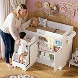 PAKASEPT Baby Changing Table with Stairs & Storage, Nursery Dresser Modern Diaper Changing Station, Dresser for Nursery with Adjustable Shelves, Storage Crib with Changing Table