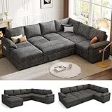 SUAWY 108 Inch Sectional Sleeper Sofa with Pull Out Bed,U Shaped 7 Seat Modular Sectional Sofa with Storage,Sectional Couches for Living Room,Cloud Modular Couch,Removable Sofa Cover,Dark Grey