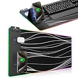 XXL Mouse Pad with Phone Holder, RGB Desk Mat with 15W Fast Charging, LED Large Gaming Mouse Pad with 11 Lights Colors, Long Mouse Pads, Waterproof Non-Slip Desk Pad for Gamer Esports Pros