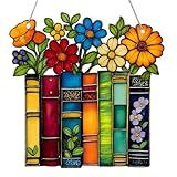 Book Ornament Stained Glass Window Hanging Acrylic, Teacher Back To School Gift, Bookish Gifts For Librarian, Book Lovers, Reader, Women, Suncatcher Effect Decor For Christmas Tree (Floral Shelf)