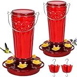 2 Pack Glass Hummingbird feeders for Outdoors 14Ounces，5 Feeding Ports Hummingbird Feeder,Wide Mouth for Easy Filling/Cleaning，Hanging for Garden Backyard Decor, Includes Ant Moat (Red，2Pack)