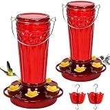 2 Pack Glass Hummingbird feeders for Outdoors 14Ounces，5 Feeding Ports Hummingbird Feeder,Wide Mouth for Easy Filling/Cleaning，Hanging for Garden Backyard Decor, Includes Ant Moat (Red，2Pack)