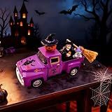Witch Halloween Decor Indoor Vintage Metal Truck with Mini Witches Pumpkin Cauldron Ghost Figures Purple Hocus Pocus Tiered Tray Decor Halloween Witch Table Decorations for Home Kitchen Mantel Shelf