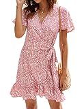 Naggoo Women's Summer Wrap V Neck Floral Print Ruffle Short Sleeve Mini Floral Dress with Belt (L, Pink)