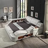 WAQINBR Multifunctional King Bed Frame, Modern Luxury Smart Bed with Massage Recliner on Right/Music Speaker/USB Port/Storage Drawers, Adjustable Leather Upholstered Headboard, White