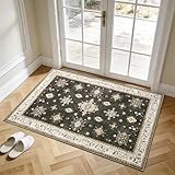 2'x3' Washable Area Rug Non-Slip, Vintage Floral Medallion Distressed Entryway Kitchen Bathroom Mat, Soft Low Pile Indoor Floor Carpet for Hallway Laundry, Charcoal Black & Ivory Vintage