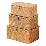 Nonam Storage Basket with Lid, Natural Seagrass Bin with Lid Set of 3, Shelf Baskets Multipurpose Container for Boho Decoration, Rectangular Household Storage Boxes for Home Organization-Natural