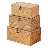 Nonam Wicker Storage Basket with Lid,Seagrass Shelf Basket Set of 3,Nautral