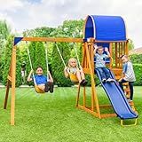 Sportspower Augusta Cedar Wooden Swing Set with Heavy Duty A-Frame & 6ft Double Wall Slide, Bonus Anchor Kit Included