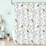 Litabel Green Cute Floral Shower Curtain, Watercolor Birds, Butterflies, Snails & Flower Design Shower Curtains for Chic Bathroom, Nature-Inspired Garden Fabric Shower Curtain, 72 x 72