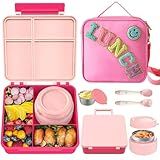 Aimsnk Kids Bento Lunch Box with 8oz Soup Thermo, Kids Leakproof Lunch Food Containers with 4 Compartment,Insulated Hot Food Jar with Lunch Bag for School, Travel (Pink)