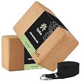 Syntus Yoga Block and Strap Set, 2 Natural Cork Soft Non-Slip Blocks 9×6×4 inches, 8FT Metal D-Ring Strap for Yoga, General Fitness, Pilates, Stretching and Toning
