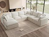 ohllob Oversized Cloud Couches for Living Room, Convertible Sectional Couch with Ottoman, 7 Seater Large Modular Sectional Sofa, Warm White