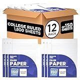 Loose Leaf Paper College Ruled Notebook Paper College Ruled Lined Paper Writing Paper Filler 10.5” x 8” 1800 Sheets 150 Sheets Per Pack 60 gsm (12 Pack)