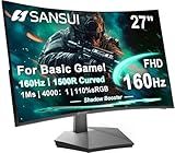 SANSUI 27 Inch Curved 160Hz Gaming Monitor, 1500R Curved Computer Gaming Monitor FHD 1080P, 4000:1, 110% sRGB, FPS/RTS, 1Ms MPRT|FreeSync|HDR|Low Blue Light|HDMI DP| VESA Support, HDMI Cable Incl.