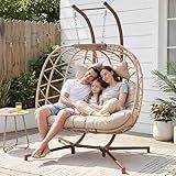 NICESOUL Double Swing Egg Chair with Stand, Extra Large 2 Person Indoor Outdoor Wicker Loveseat, Oversized Patio Hanging Basket Chair with Cushions, Cozy Sturdy Porch Swing for Backyard Balcony, Beige