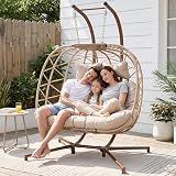 NICESOUL Double Swing Egg Chair with Stand, Extra Large 2 Person Indoor Outdoor Wicker Loveseat, Oversized Patio Hanging Basket Chair with Cushions, Cozy Sturdy Porch Swing for Backyard Balcony, Beige