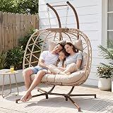 NICESOUL Double Swing Egg Chair with Stand, Extra Large 2 Person Indoor Outdoor Wicker Loveseat, Oversized Patio Hanging Basket Chair with Cushions, Cozy Sturdy Porch Swing for Backyard Balcony, Beige