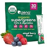 Zena Nutrition Organic Super Greens Powder, 70+ Superfoods, 0 Sugar, 3g Fiber, Spirulina, Chlorella, Mushrooms, Prebiotics/Probiotics, Digestive Enzymes, Gut Health, Mixed Berry, 30 Drink Mix Packets