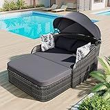 Outdoor Daybed with Retractable Canopy, Double Lounge Chair with Cushions, 2-Seater Loveseat Sunbed, PE Rattan Daybed Conversation for Poolside Porch Garden, Gray Wicker and Cushion