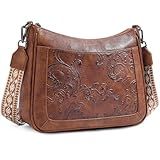 VIMUTI Crossbody Bags for Women,Vegan Leather Crossbody Purse with Adjustable Strap Embossed Flower Women's Shoulder Handbags (01-Brown)
